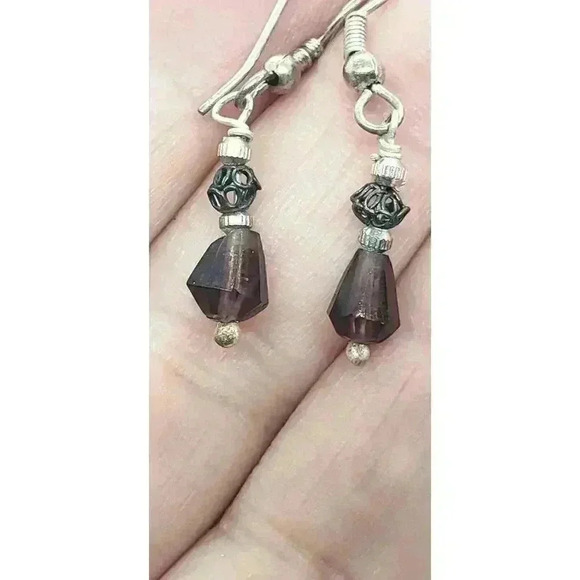 Vintage Sterling Silver & Amethyst Beaded Dangle Drop Earrings Artisan 1970s - Picture 6 of 7